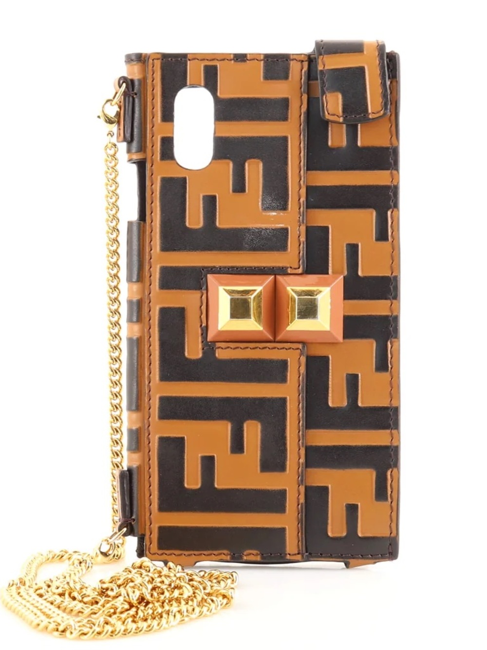 Fendi Brown and Black FF Logo Leather Mini Crossbody Phone Case